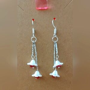 Silver and Red Dangle Earrings with Floral Design